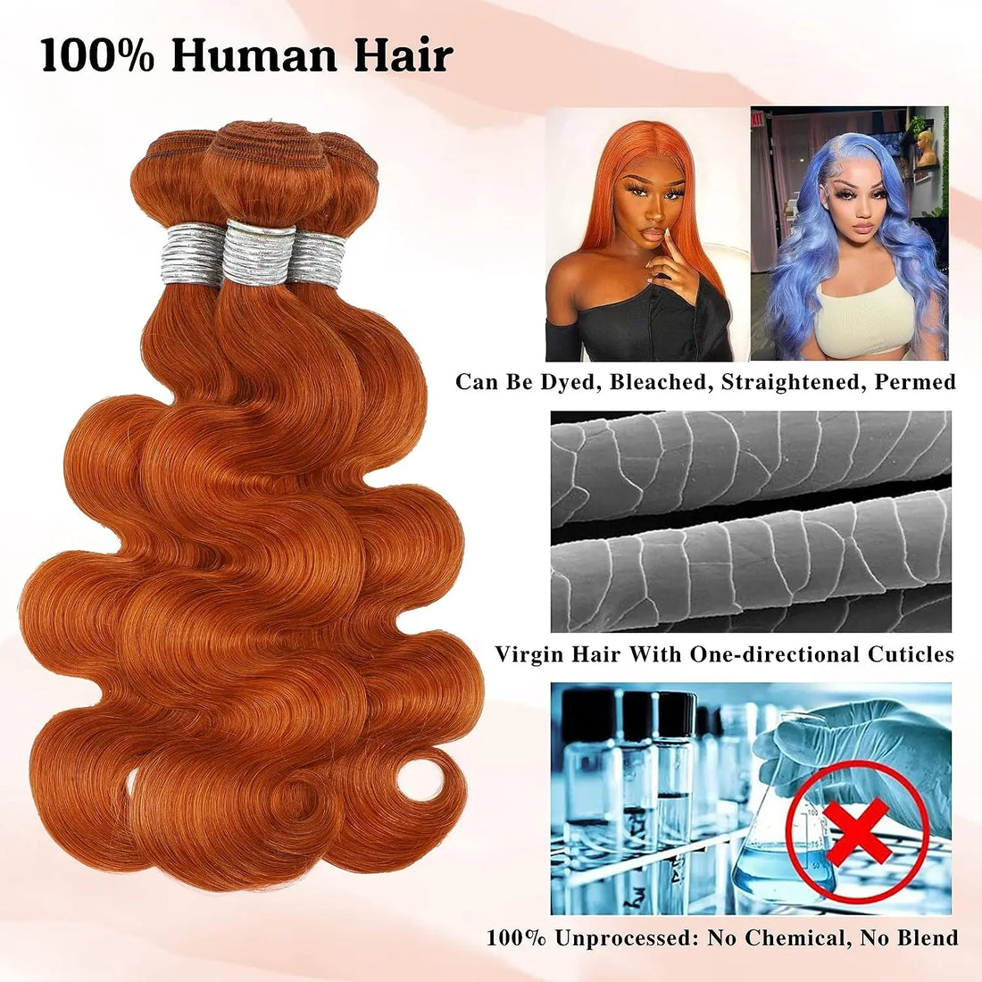 Orange Wave Hair: Copper Virgin Extensions