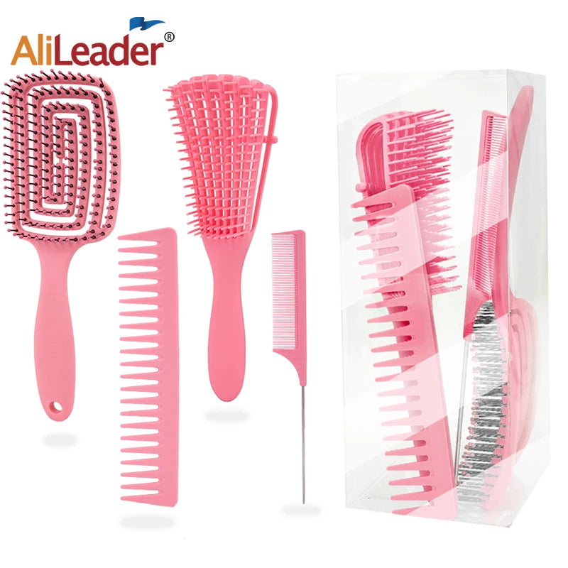 Detangling Brush 4 Pieces Hair Brush Set For Afro Curly Coily Long Hair Knots Detangler Easy To Clean Hair Care Styling Tools