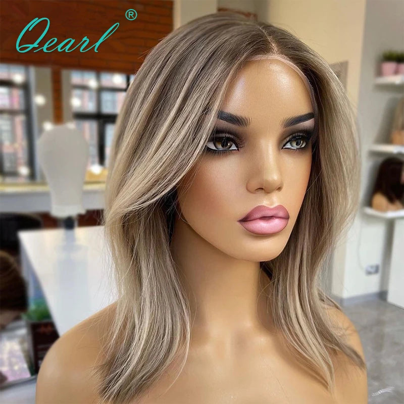 HD Human Hair Lace Frontal Wig Ash Brown Blonde Highlights Colored Natural Wave Virgin Short Medium Lace Front Wig New in Qearl