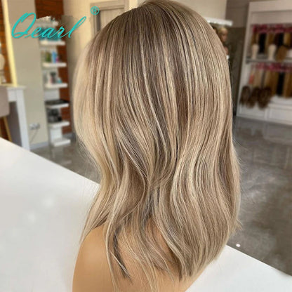 HD Human Hair Lace Frontal Wig Ash Brown Blonde Highlights Colored Natural Wave Virgin Short Medium Lace Front Wig New in Qearl
