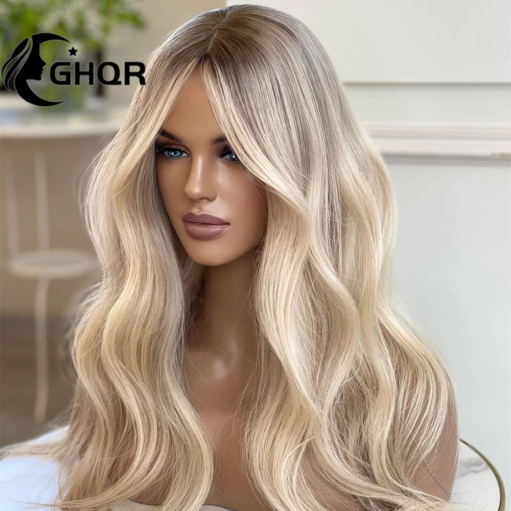 Highlight Human Hair Full lace Frontal Wig Brown Roots HD Transparent Swiss Lace 13x4 lace Frontal Blonde Wig Natural Wave ombre