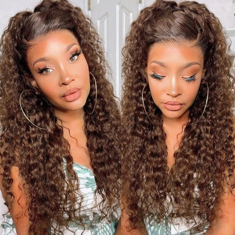 Chocolate Brown 13x4 HD Lace Frontal Wig Lace Front Kinky Curly Human Hair Wigs Transparent 4×4 Lace Closure Curly Wig for Women