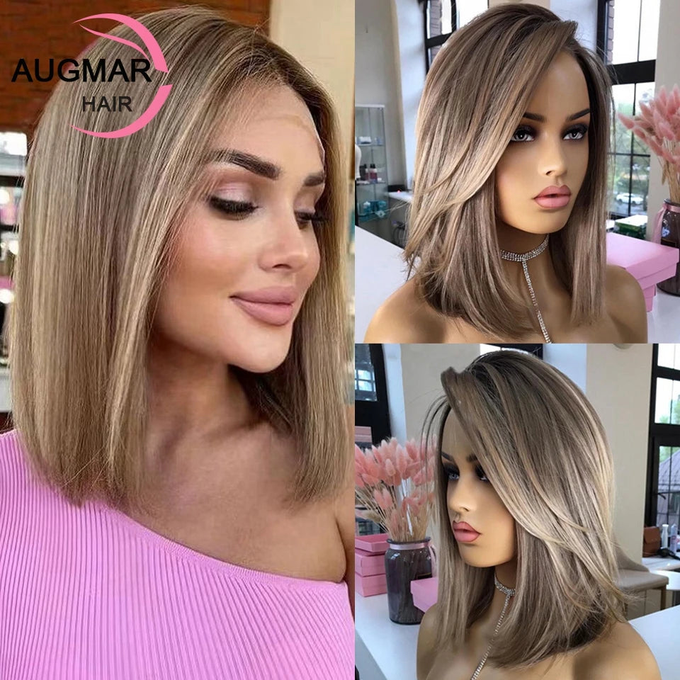 Ash Blonde Brown Bob Highlight Human Hair Wigs Glueless 13x4 Short Straight Lace Front Wigs Human Hair 13x6 HD Lace Frontal Wig